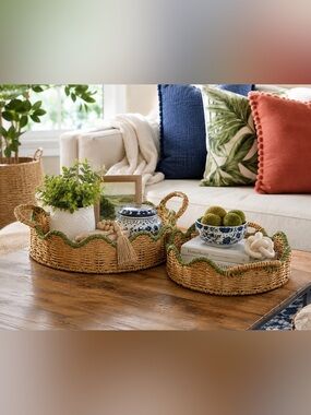 Home Reflections 2pc Sage Scalloped Woven Nesting Basket Trays